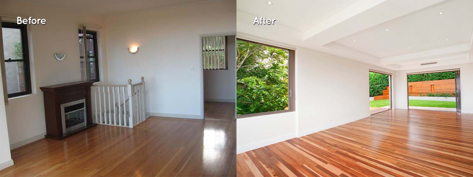Before and after a living room renovation of a home in Sydney